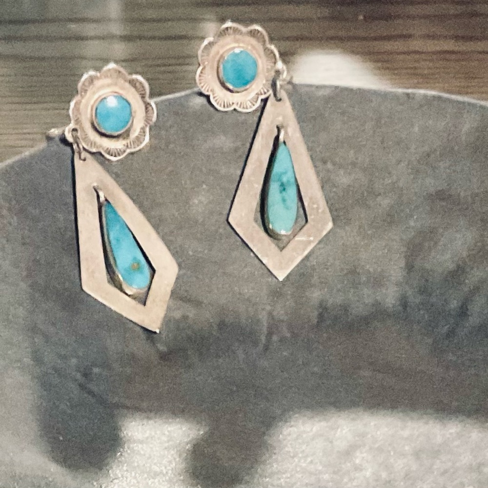 Vintage Native American Turquoise & Sterling Silver Geometric Screw-on Earrings
